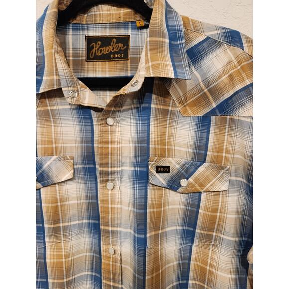 Blue Other - Howler Brothers Men’s Large Western Snap Shirt Blue Tan Plaid Short Sleeve